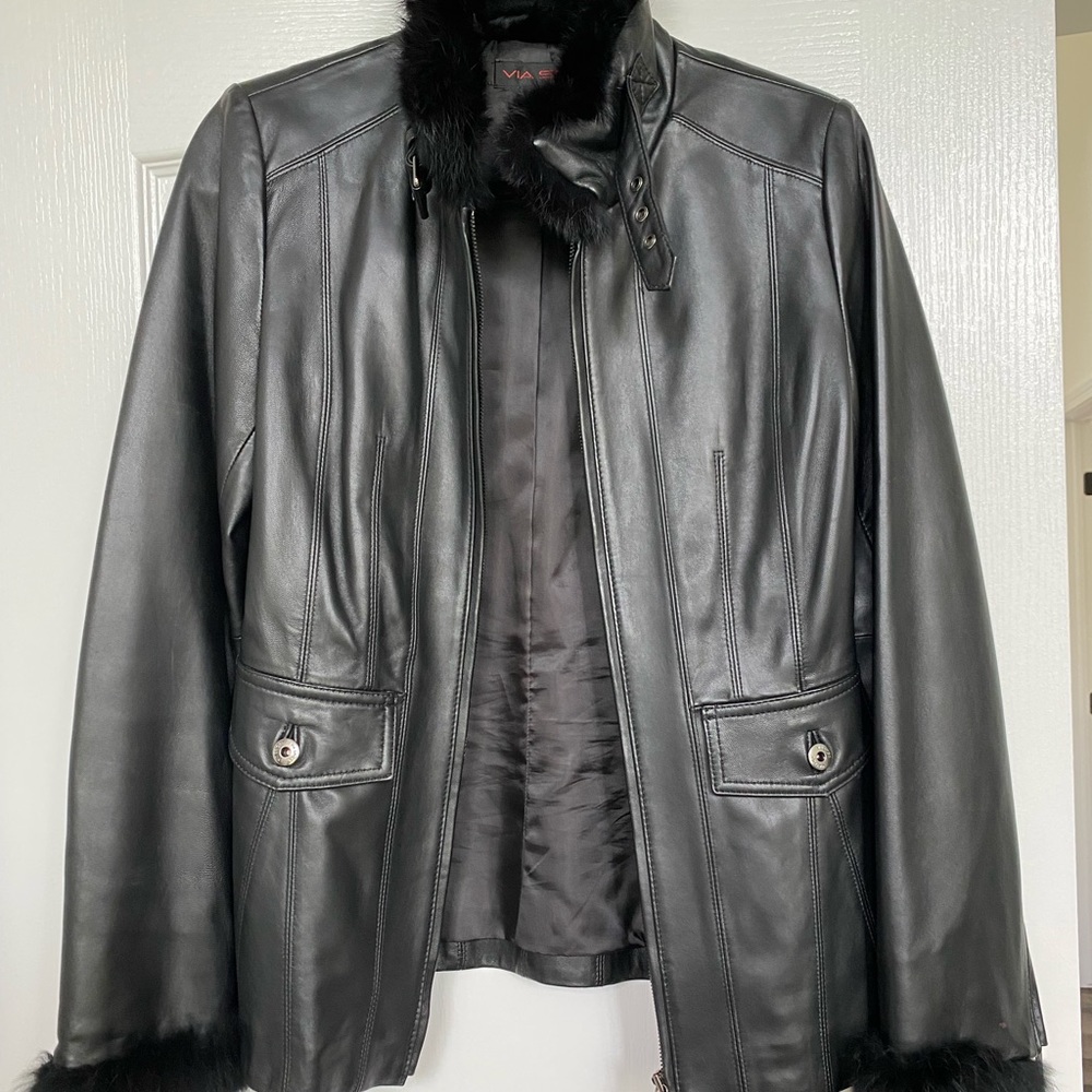 Black leather jacket with fur lining